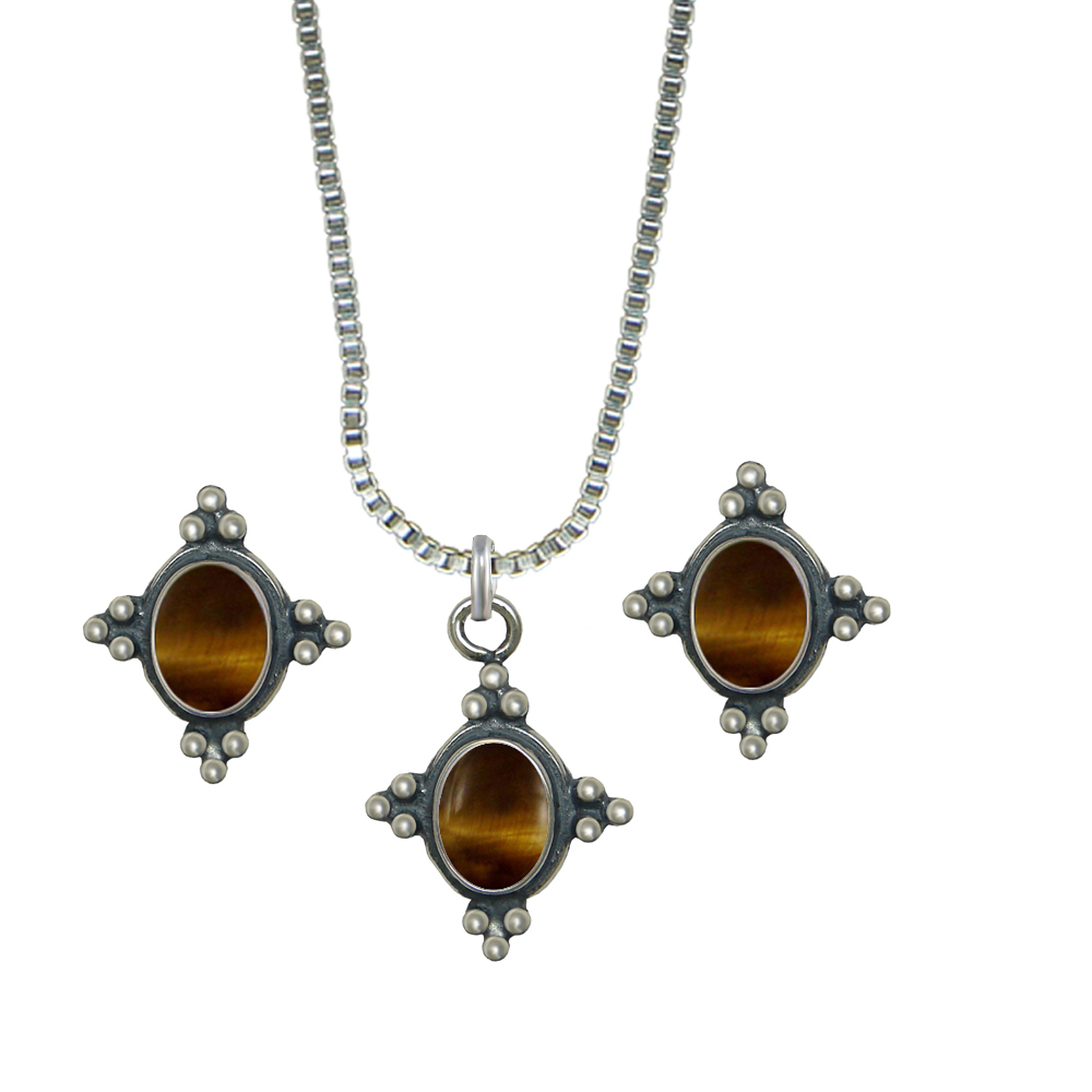 Sterling Silver Petite Necklace Earrings Set Tiger Eye